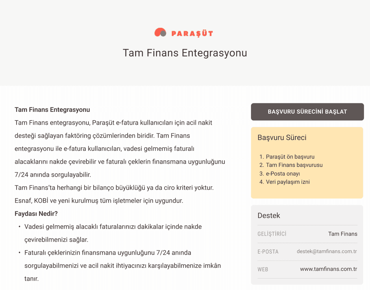 Tam Finans Entegrasyonu başvuru sürecini başlatın