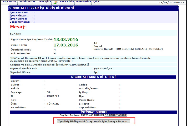 SGK işe giriş bildirgesi örneği