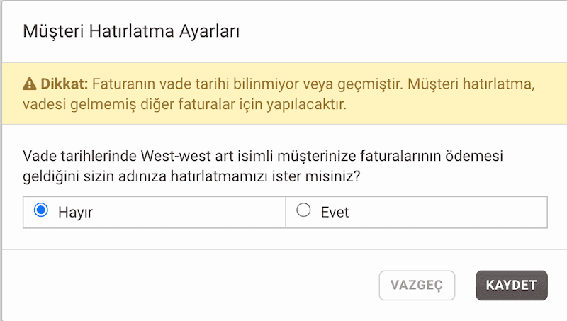 Müşteri Tahsilat Hatırlatma Ekranı