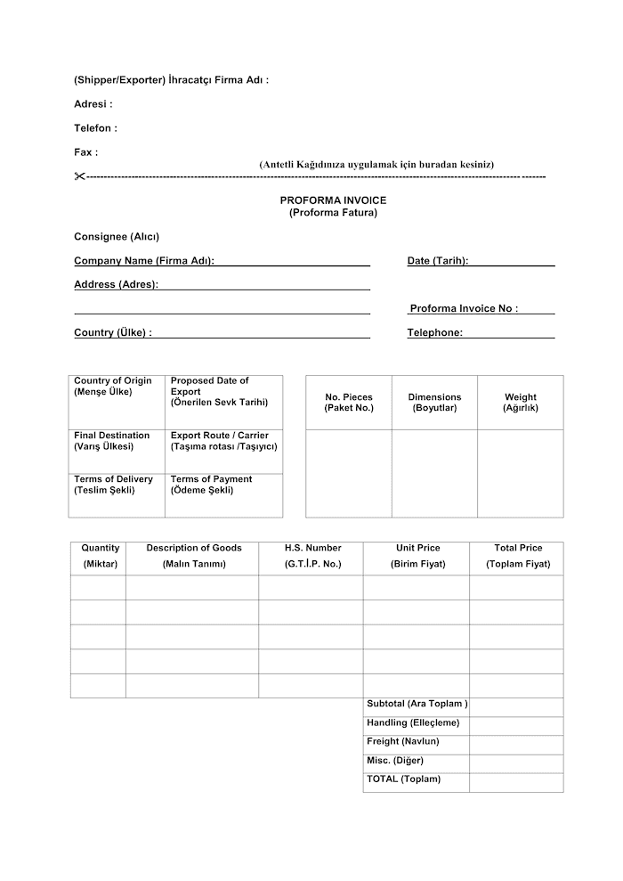 Proforma Fatura Örneği İngilizce