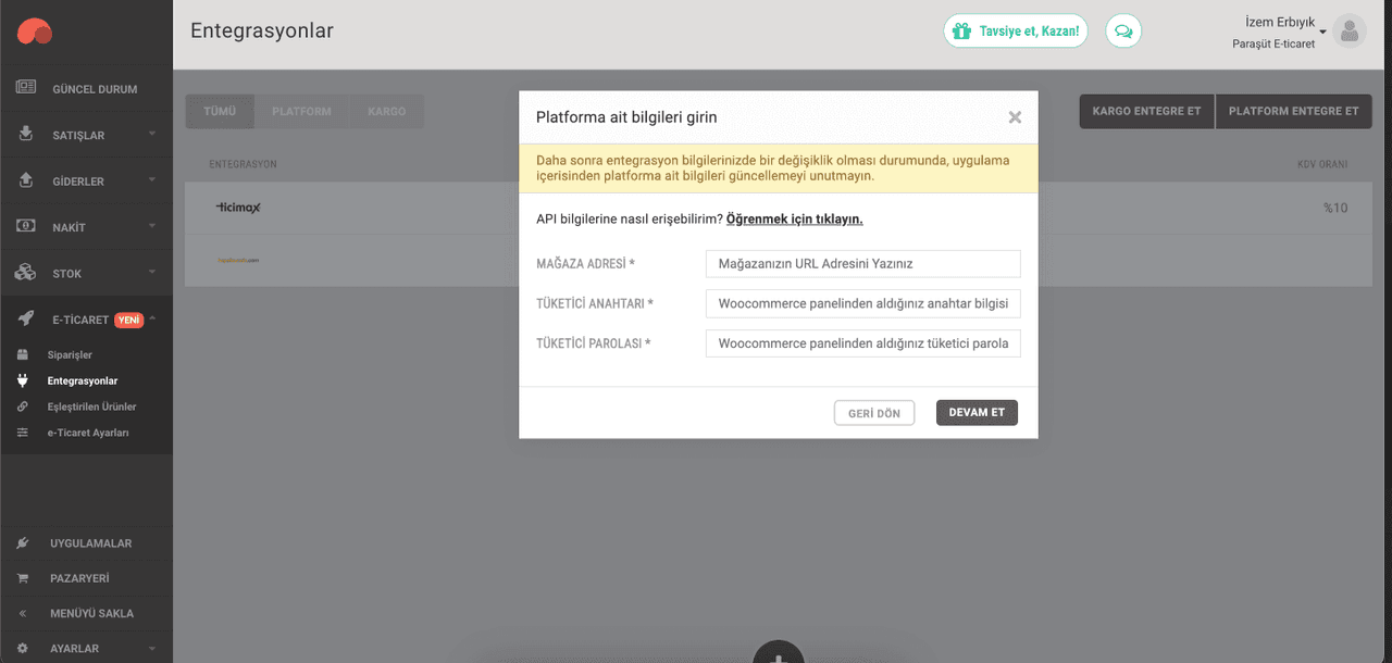 Paraşüt e-ticaret woocommerce entegrasyonu